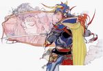  1girl 90s amano_yoshitaka armor cape dragon final_fantasy final_fantasy_i helmet highres horns official_art sarah_(ff1) sword warrior_of_light weapon 