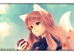  animal_ears apple bad_id bad_pixiv_id brown_hair food fruit holding holding_food holding_fruit holo long_hair red_eyes saki_(pixiv303252) solo spice_and_wolf tail wolf_ears 