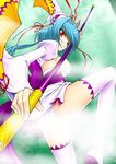  ass blue_hair breasts chouun fog hair_ornament koihime_musou large_breasts lb leg_lift looking_back panties ponytail red_eyes ribbon sideboob smile solo staff thighhighs thighs underwear upskirt white_panties 