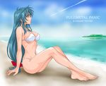  beach bikini blue_hair breasts brown_eyes character_name chidori_kaname copyright_name covered_nipples day full_metal_panic! large_breasts long_hair long_legs low-tied_long_hair non-web_source sitting solo swimsuit 