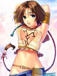  armpits arms_behind_head arms_up blue_eyes braid breasts brown_hair final_fantasy final_fantasy_x final_fantasy_x-2 green_eyes groin heterochromia long_hair medium_breasts midriff navel single_braid smile solo yoko_juusuke yuna_(ff10) 