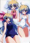  ;p artbook blue_eyes blue_hair blush highres long_hair nia_teppelin one-piece_swimsuit one_eye_closed open_mouth scan school_swimsuit short_hair swimsuit takeponi tengen_toppa_gurren_lagann thighhighs tongue tongue_out 