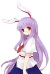  animal_ears bangs belt bunny_ears collared_shirt eyebrows_visible_through_hair from_side long_hair necktie purple_hair red_eyes red_neckwear reisen_udongein_inaba sakaki_chihiro shirt short_sleeves simple_background skirt solo touhou white_background white_shirt 