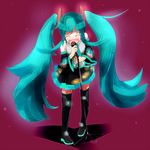  bad_id bad_pixiv_id blue_hair closed_eyes detached_sleeves harepore hatsune_miku long_hair microphone skirt solo thighhighs twintails vocaloid 