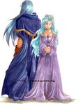  1girl aqua_hair artist_request blue_hair breasts brother_and_sister cape chrono_trigger closed_eyes dress gloves jewelry long_hair magus medium_breasts necklace pointy_ears robe schala_zeal siblings tiara 