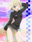  blonde_hair blue_eyes blush cowboy_shot erica_hartmann one_eye_closed panties pantyshot screencap short_hair smile solo sparkle stitched stretch strike_witches third-party_edit underwear uniform world_witches_series 