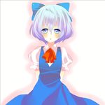  arms_behind_back bad_id bad_pixiv_id blue_eyes blue_hair blush bow cirno dress hair_bow lowres neck_ribbon no_wings ribbon short_hair solo touhou yapi_(yabai_toki) 