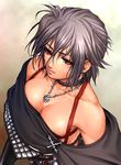  breasts choker cleavage downblouse final_fantasy final_fantasy_x final_fantasy_x-2 from_above jewelry medium_breasts necklace paine_(ff10) red_eyes short_hair silver_hair solo wet yoko_juusuke 