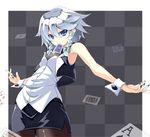  alternate_costume bare_shoulders blue_eyes blue_nails braid card card_in_mouth casual contemporary floating_card hair_ribbon izayoi_sakuya miniskirt mouth_hold nail_polish pantyhose pencil_skirt playing_card ribbon silver_hair skirt solo touhou touya_(the-moon) twin_braids 