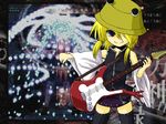  akudato bad_id bad_pixiv_id blonde_hair danmaku game_screenshot guitar hat instrument moriya_suwako solo thighhighs touhou 