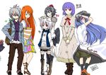  alternate_costume animal_ears blue_eyes blue_hair casual contemporary grey_hair hat hinanawi_tenshi hong_meiling inubashiri_momiji izayoi_sakuya multiple_girls nagae_iku no_hat no_headwear oekaki purple_hair red_hair shameimaru_aya tadano_kagekichi tail tokin_hat touhou wings wolf_ears wolf_tail 