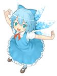  blue_eyes blue_hair cirno fang hair_ribbon happy outstretched_arms ribbon sajipen short_hair solo spread_arms touhou wings 
