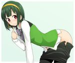  :3 ass bad_id bad_pixiv_id blush dark_green_hair green_hair headset idolmaster idolmaster_(classic) idolmaster_1 kazuto_san microphone miniskirt mole mole_under_mouth no_panties otonashi_kotori pencil_skirt red_eyes short_hair skirt solo thighhighs undressing 