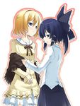  alice_margatroid black_hair blonde_hair blue_eyes blush bow casual hairband hakurei_reimu multiple_girls sakuraba_yuuki short_hair touhou 