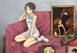  bad_id bad_pixiv_id blush boots brown_eyes brown_hair couch kneeling okiru pixiv pixiv-tan short_hair sleeveless solo 