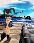  1girl arms_behind_back back bad_id bad_pixiv_id bag brown_hair chanchanko_(clothes) cloud day dock flying from_behind gegege_no_kitarou ittan_momen ittan_momen_(gegege_no_kitarou) kitarou legs long_hair masao nurikabe_(character) ocean outdoors school_bag school_uniform serafuku shadow sky tetrapod twintails waiting water waves 