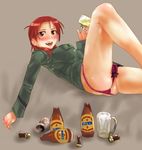  alcohol beer blush bottle can cup lying minna-dietlinde_wilcke mug non-web_source panties red_eyes red_hair smile solo strike_witches underwear uniform world_witches_series 