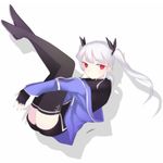  2008 albino banned_artist closed_mouth expressionless fingerless_gloves gloves hair_ribbon harano legs_up long_hair looking_at_viewer off_shoulder original reclining red_eyes ribbon shadow shorts simple_background solo thighhighs thighs twintails white_hair 