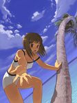  arm_support beach brown_eyes brown_hair copyright_request day foreshortening hands kizaki looking_at_viewer ocean open_mouth outdoors outstretched_arms outstretched_hand palm_tree short_hair sky solo strap_slip tree 