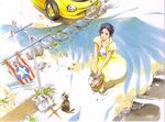  basket black_hair brown_eyes car cat clothes clothesline dress from_above ground_vehicle highres izubuchi_yutaka looking_up motor_vehicle rahxephon shitou_haruka short_hair skirt solo vest wings 