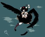  black_hair black_wings flying geta hands_clasped hat looking_away open_mouth own_hands_together red_eyes ribbon shameimaru_aya shikimi_(yurakuru) short_hair skirt smile solo tengu-geta touhou wings 