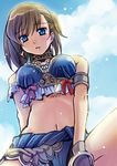  bad_id bad_pixiv_id bikini blue_eyes blush breasts brown_hair cloud day final_fantasy final_fantasy_xi from_below hume jewelry large_breasts looking_down naruse_chisato navel necklace solo swimsuit 