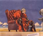  :d armchair artist_request black_cat black_gloves black_legwear blonde_hair blue_sky can cat chair cloud copyright_name day desert facing_away from_side glasses gloves hands_together highres jacket kuroneko_(trigun) laughing leaning_forward long_jacket long_sleeves male_focus open_mouth outdoors red_jacket silver_hair sitting sky smile solo source_request spiked_hair television tinted_eyewear trigun trigun_maximum vash_the_stampede yellow-tinted_eyewear 