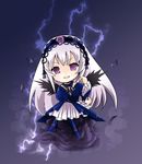  black_wings chibi electricity flower frilled_sleeves frills full_body hairband lolita_hairband long_hair long_sleeves looking_at_viewer magic pink_eyes rose rozen_maiden silver_hair solo suigintou toda_ayu wings 