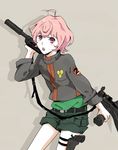  ahoge bad_id bad_pixiv_id gun luca_angeloni macross macross_frontier male_focus pink_eyes pink_hair rifle shorts solo weapon yoshi_92 