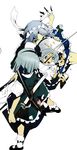  battle between_fingers blocking blue_eyes clash cup duel highres izayoi_sakuya katana knife konpaku_youmu konpaku_youmu_(ghost) maid mizu_asato multiple_girls reflection ribbon short_hair silver_hair sword teacup teapot touhou tray weapon 