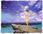  absurdres arms_at_sides bare_legs bare_shoulders border brown_hair cliff cloud dress facing_away floating_hair from_behind highres horizon mishima_reika ocean outdoors rahxephon sandals scarf scenery sky sleeveless sleeveless_dress solo standing white_border wind yamada_akihiro yellow_dress 