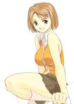  blue_eyes breasts brown_hair kizaki kneehighs large_breasts my-hime orange_hair orange_shirt school_uniform shirt short_hair sitting skirt smile socks solo tokiha_mai 