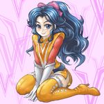  belt blue_eyes blue_hair boots choudenji_machine_voltes_v curly_hair gloves hair_ribbon lace lipstick makeup oka_megumi oldschool pilot_suit pipipi ponytail ribbon smile solo thigh_boots thighhighs 