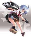  blue_eyes blue_hair dual_wielding full_body glasses gun handgun holding holding_gun holding_weapon katahira_masashi multicolored_hair original panties pistol school_uniform serafuku short_hair solo striped striped_panties trigger_discipline two-tone_hair underwear upskirt weapon 