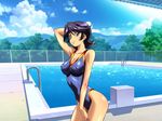  ano_machi_no_koi_no_uta arched_back arm_up black_hair breasts chain-link_fence cleavage cloud competition_swimsuit covered_nipples cowboy_shot day fence from_side kamishima_tomoko kimura_takahiro large_breasts leaning_forward looking_at_viewer mountain non-web_source one-piece_swimsuit orange_eyes outdoors pool pool_ladder poolside pose short_hair skin_tight sky smile solo sparkle starting_block stretch swimsuit tachi-e tan tree water 