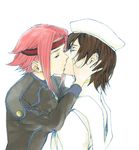  1girl bad_id bad_pixiv_id beret brown_hair code_geass couple hat hetero kallen_stadtfeld kiss lelouch_lamperouge order_of_the_black_knights_uniform pink_hair romance short_hair spoilers touichi 