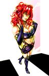  adjusting_hair bad_id bad_pixiv_id blue_eyes boots breasts bridal_gauntlets cleavage cross curly_hair large_breasts long_hair neun9 red_hair skirt solo super_robot_wars super_robot_wars_z thigh_boots thighhighs xine_espio 