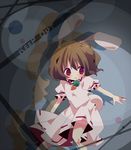 ana_(rznuscrf) animal_ears blush brown_hair bunny_ears carrot_necklace dress inaba_tewi looking_to_the_side outstretched_arm pink_dress red_eyes short_hair solo touhou 