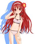  bikini bracelet cowboy_shot flower goutokuji_makie hair_flower hair_ornament hairband hibiscus highres jewelry looking_at_viewer navel red_eyes red_hair shadow solo striped striped_bikini swimsuit takeshita_kenjirou tsuriya_nagare 