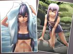  blush closed_eyes elf elvaan final_fantasy final_fantasy_xi flat_chest long_hair miniskirt multiple_girls pointy_ears prishe purple_hair silver_eyes skirt smile swimsuit tara_baka_ni towel 