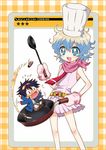  1girl alternate_hairstyle bandana boota chef_hat chibi cooking dress flipping_food food frying_pan hat mizutama multicolored_hair nia_teppelin oven_mitts pink_skirt short_hair simon skirt sleeveless smile tengen_toppa_gurren_lagann toque_blanche 