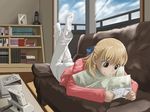  artist_request blonde_hair camera copyright_request couch lying on_stomach reading solo window 