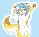  &lt;3 2015 acky05_(artist) blue_background blue_eyes blue_hair blush breasts brown_fur canid canine featureless_breasts featureless_crotch female fluffy fluffy_tail fox fur hair long_hair mammal nude one_eye_closed open_mouth orange_fur simple_background solo speech_bubble standing white_fur 