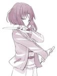  dual_wielding holding jacket japanese_clothes kara_no_kyoukai katana kimono knife monochrome purple ryougi_shiki shirabi short_hair solo sword weapon 