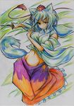  absurdres animal_ears colored_pencil_(medium) detached_sleeves groin hat highres inubashiri_momiji kitazinger midriff navel red_eyes short_hair skirt solo tail tokin_hat touhou traditional_media white_hair wolf_ears wolf_tail 