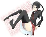  1boy black_hair black_legwear crossdressing grey_eyes k_(anime) legwear long_hair male male_focus ponytail ribbon school_uniform skirt solo stockings thighhighs trap yatogami_kurou 