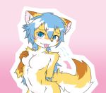  2015 acky05_(artist) blue_eyes blue_hair blush breasts brown_fur butt canid canine featureless_breasts female fluffy fluffy_tail fox fur hair hand_on_breast long_hair looking_at_viewer mammal nude orange_fur solo tongue tongue_out white_fur 