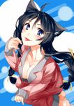  ahoge animal_ears bakemonogatari black_hair blush braid breasts cat_ears cleavage hair_ribbon hanekawa_tsubasa highres long_hair medium_breasts monogatari_(series) nekomonogatari pajamas pino_(birthdayparty) ribbon smile solo tongue twin_braids 