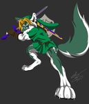  anthro anthrofied belt biceps black_background blonde_hair blue_eyes bottomless canine claws clothed clothing ear_piercing gloves green_body green_clothes gunzcon hair half-dressed link link_(wolf_form) looking_at_viewer male mammal markings muscles nintendo piercing plain_background shield solo sword the_legend_of_zelda toes tunic video_games weapon wolf 