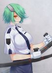  blush breasts eyepatch gloves green_hair hair_over_one_eye holding huge_breasts miyai_sen necktie otonashi_kiruko pencil_skirt police police_uniform policewoman shinmai_fukei_kiruko-san shirt short_hair skirt solo tonfa uniform weapon white_shirt yellow_eyes 